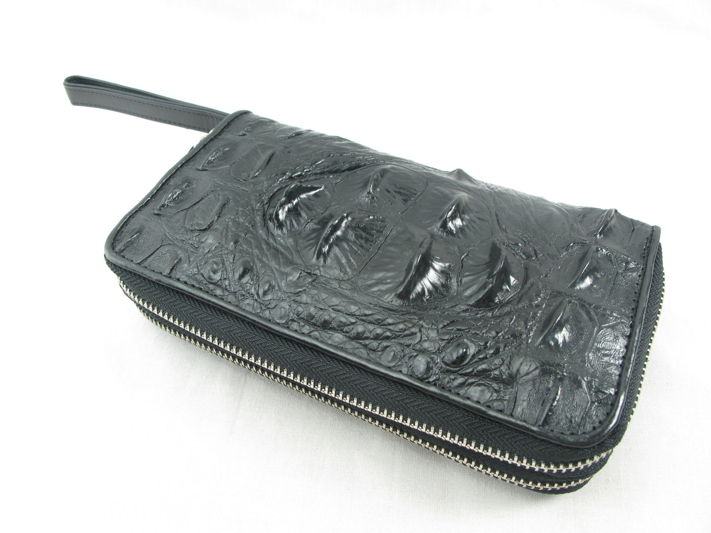 Genuine Crocodile Hornback Skin Leather Double Zip Around Wrislet Wallet Purse