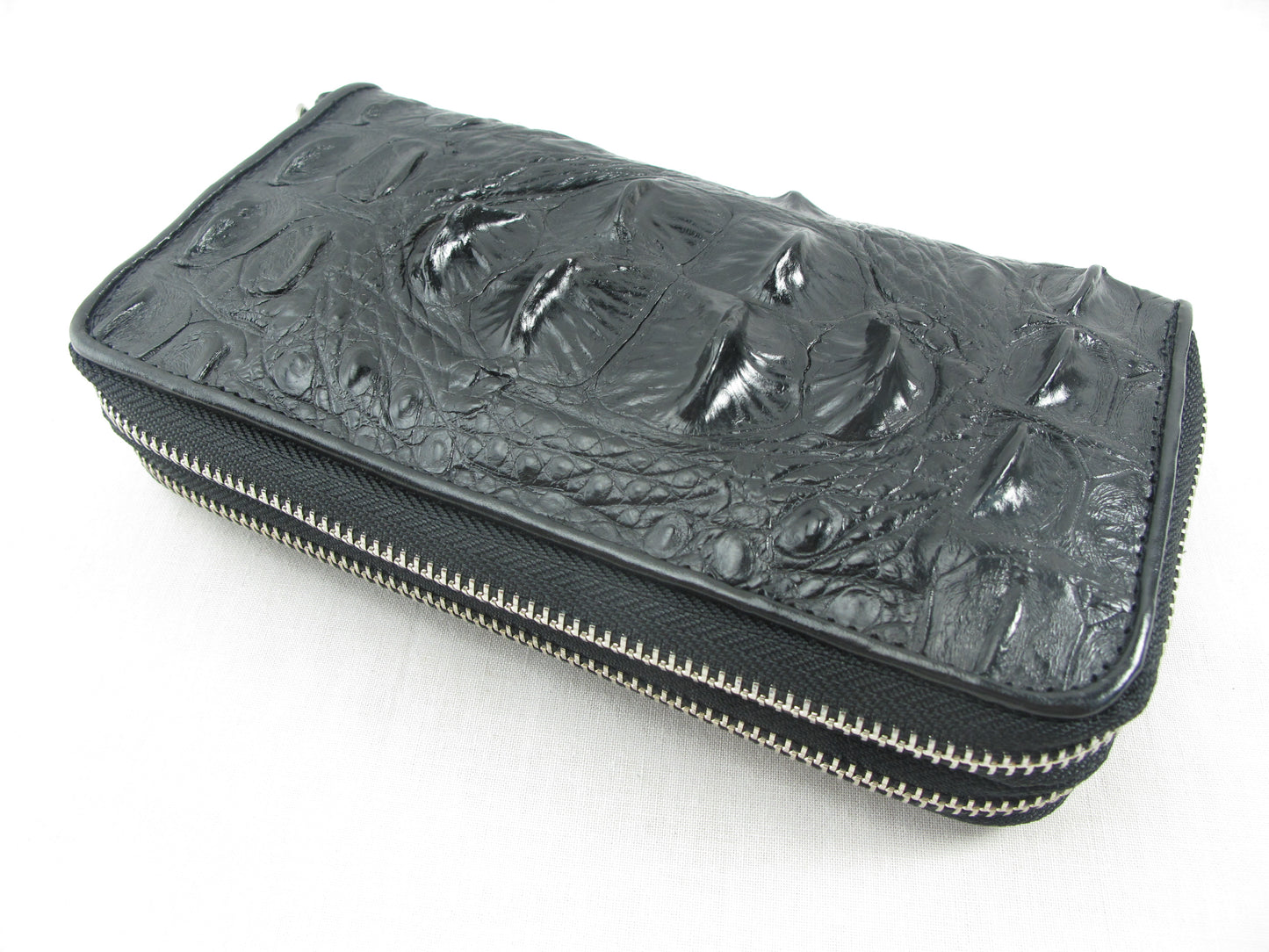 Genuine Crocodile Hornback Skin Leather Double Zip Around Wrislet Wallet Purse