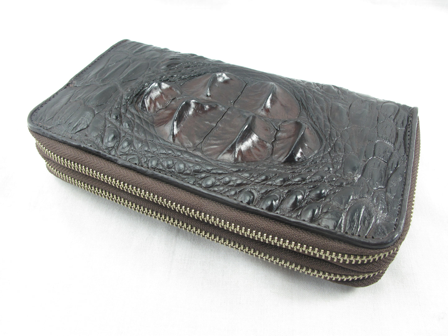 Genuine Crocodile Hornback Skin Leather Double Zip Around Wrislet Wallet Purse
