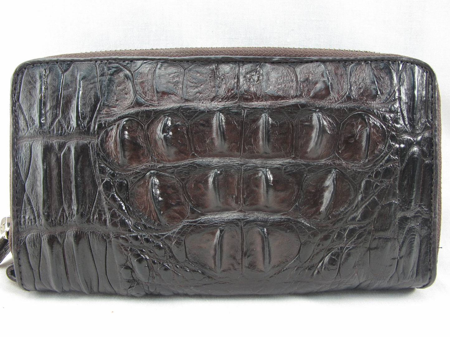 Genuine Crocodile Hornback Skin Leather Double Zip Around Wrislet Wallet Purse