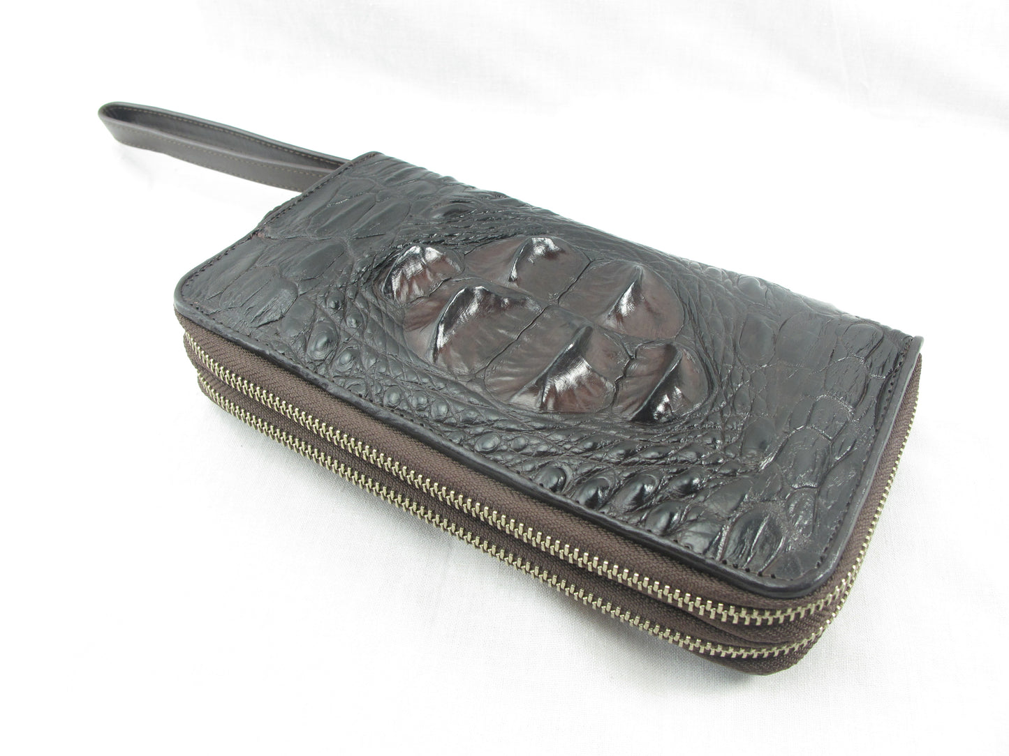 Genuine Crocodile Hornback Skin Leather Double Zip Around Wrislet Wallet Purse