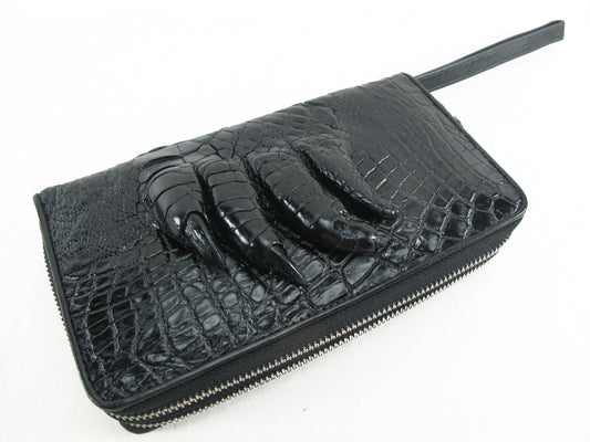 Genuine Crocodile Foot Claw Skin Leather Double Zip Around Clutch Wallet Purse