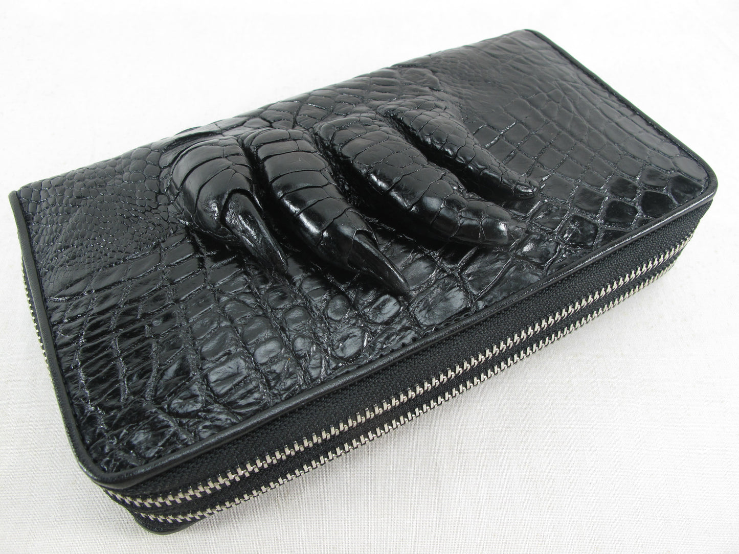 Genuine Crocodile Foot Claw Skin Leather Double Zip Around Clutch Wallet Purse