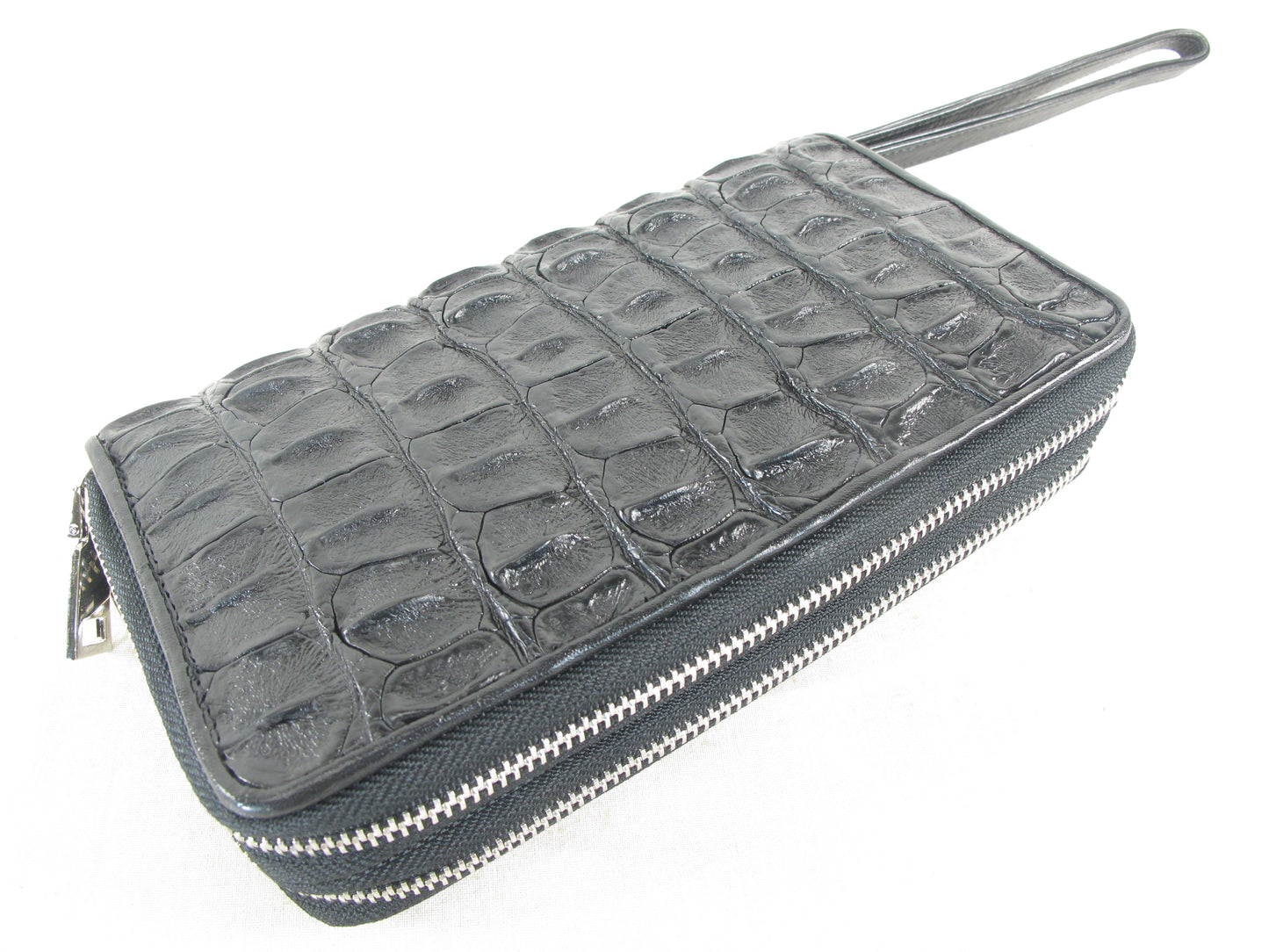 Genuine Crocodile Backbone Skin Leather Double Zip Around Wristlet Wallet Purse