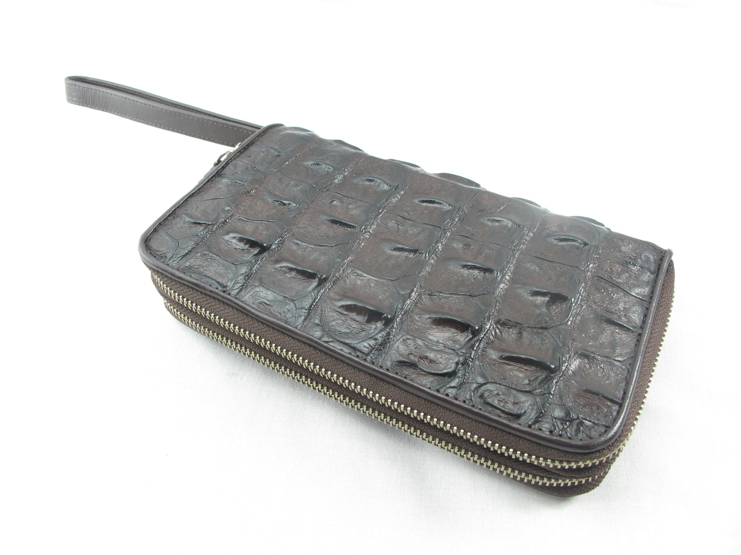 Genuine Crocodile Backbone Skin Leather Double Zip Around Wristlet Wallet Purse