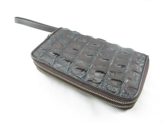 Genuine Crocodile Backbone Skin Leather Double Zip Around Wristlet Wallet Purse