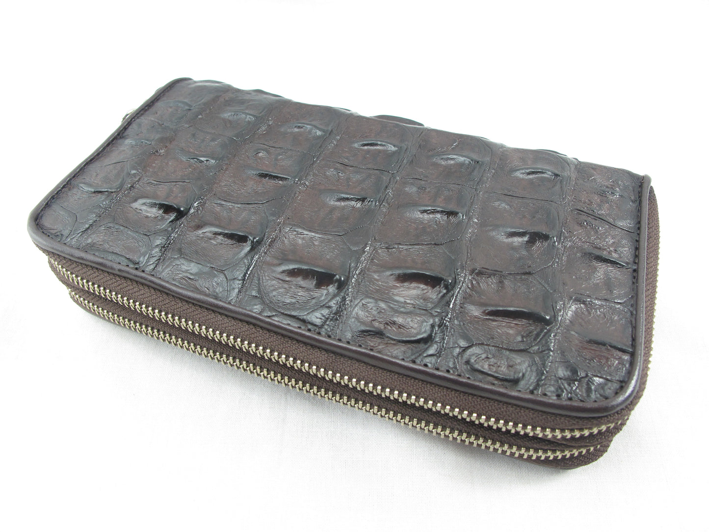 Genuine Crocodile Backbone Skin Leather Double Zip Around Wristlet Wallet Purse