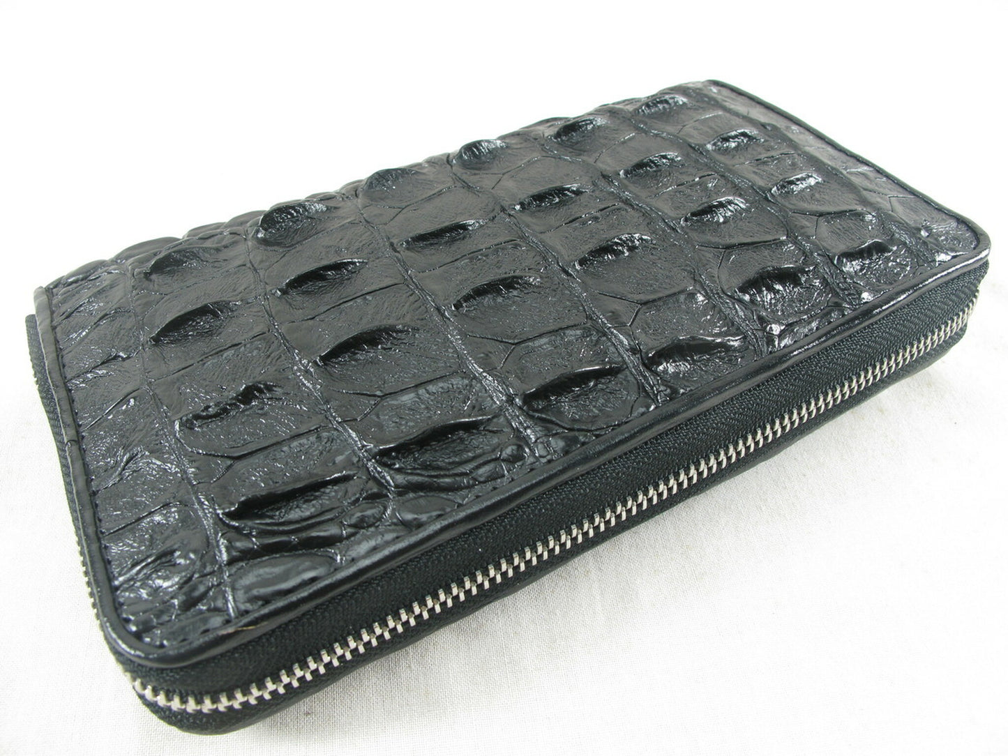 Genuine Crocodile Backbone Skin Leather Large Zip Around Clutch Wallet Purse