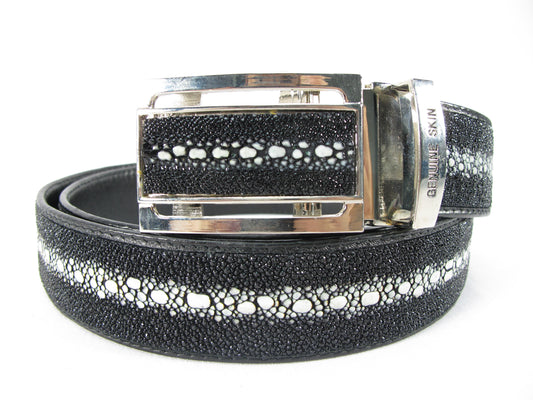 Genuine Stingray Skin Leather Row Diamond Auto Locking Men's Belt Black