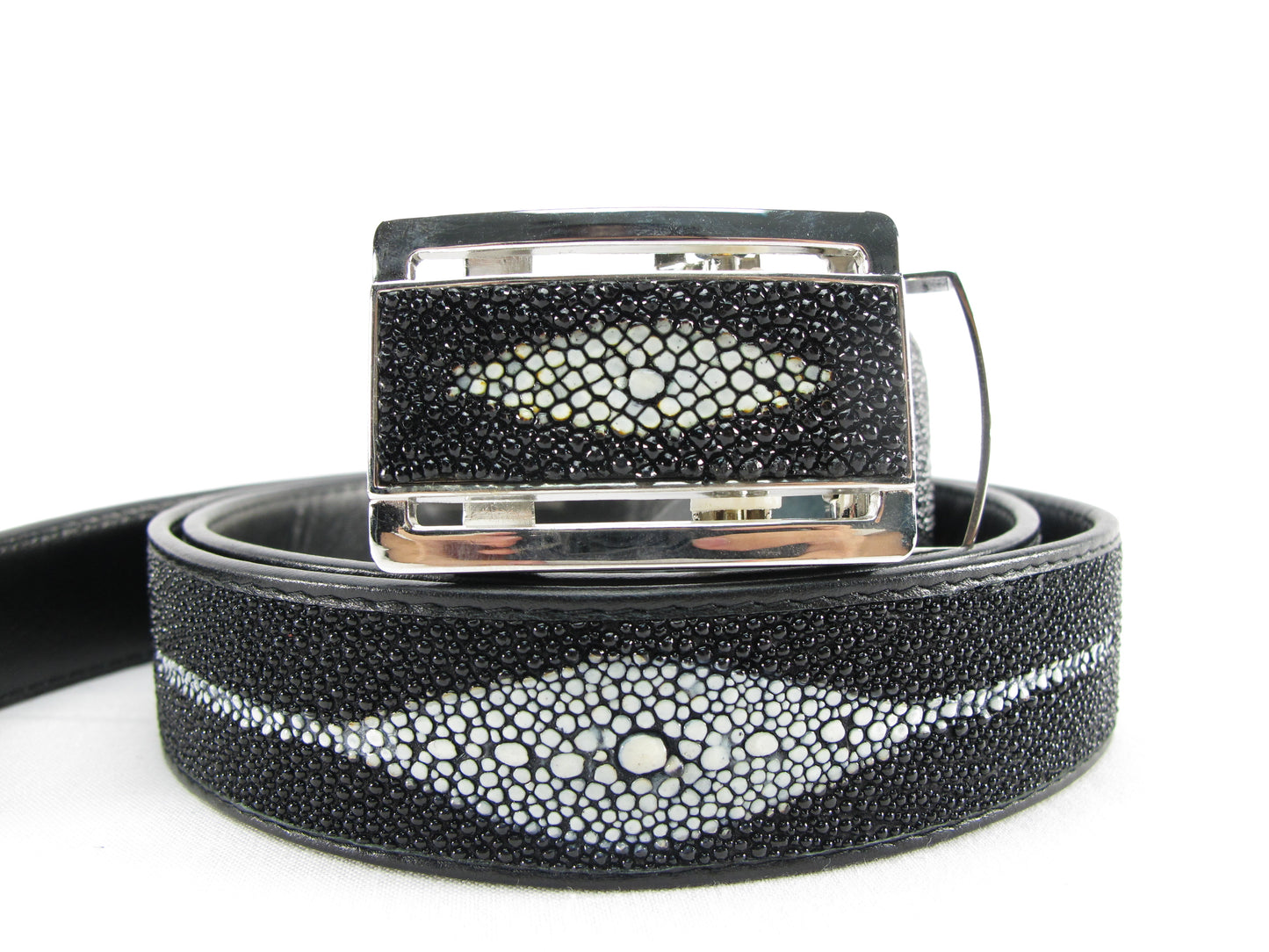 Genuine Stingray Skin Leather Auto Locking Men's Dot Belt Black