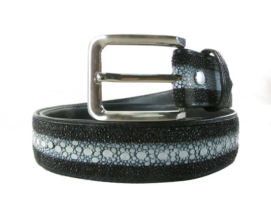 Genuine Stingray Skin Leather Row Diamond Casual Men's Belt Black