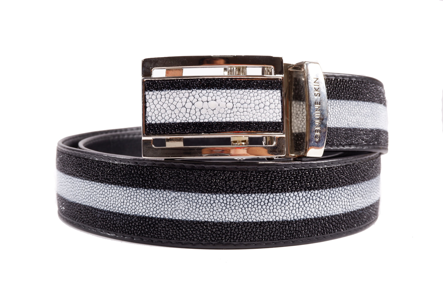 Genuine Stingray Skin Leather Auto Locking Long Strip Men's Belt Black