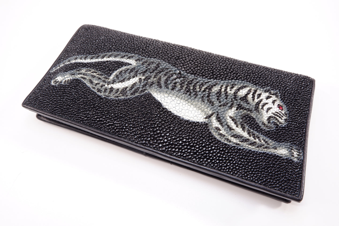 Genuine Stingray Skin Leather Long Checkbook Tiger Printed Wallet