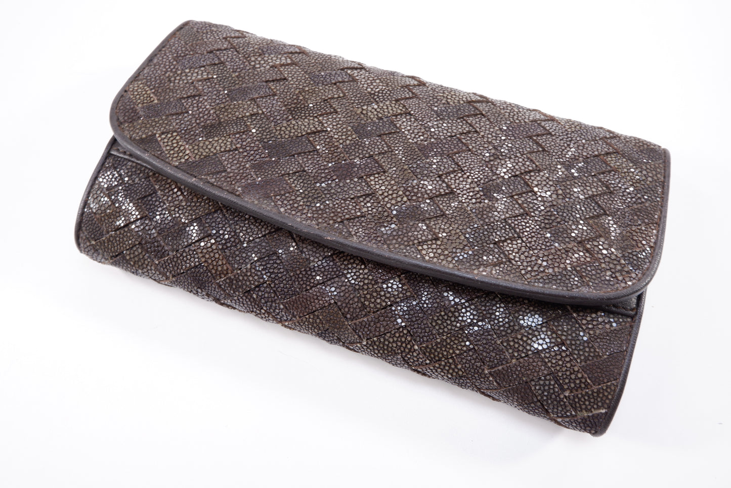 Genuine Polished Stingray Skin Leather Intrecciato Handmade Trifold Clutch Wallet Purse