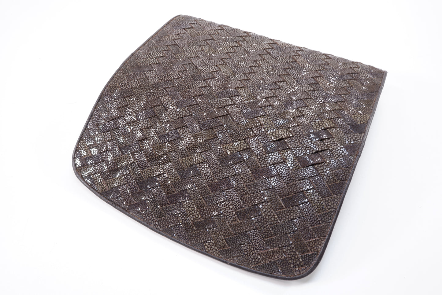 Genuine Polished Stingray Skin Leather Intrecciato Handmade Trifold Clutch Wallet Purse