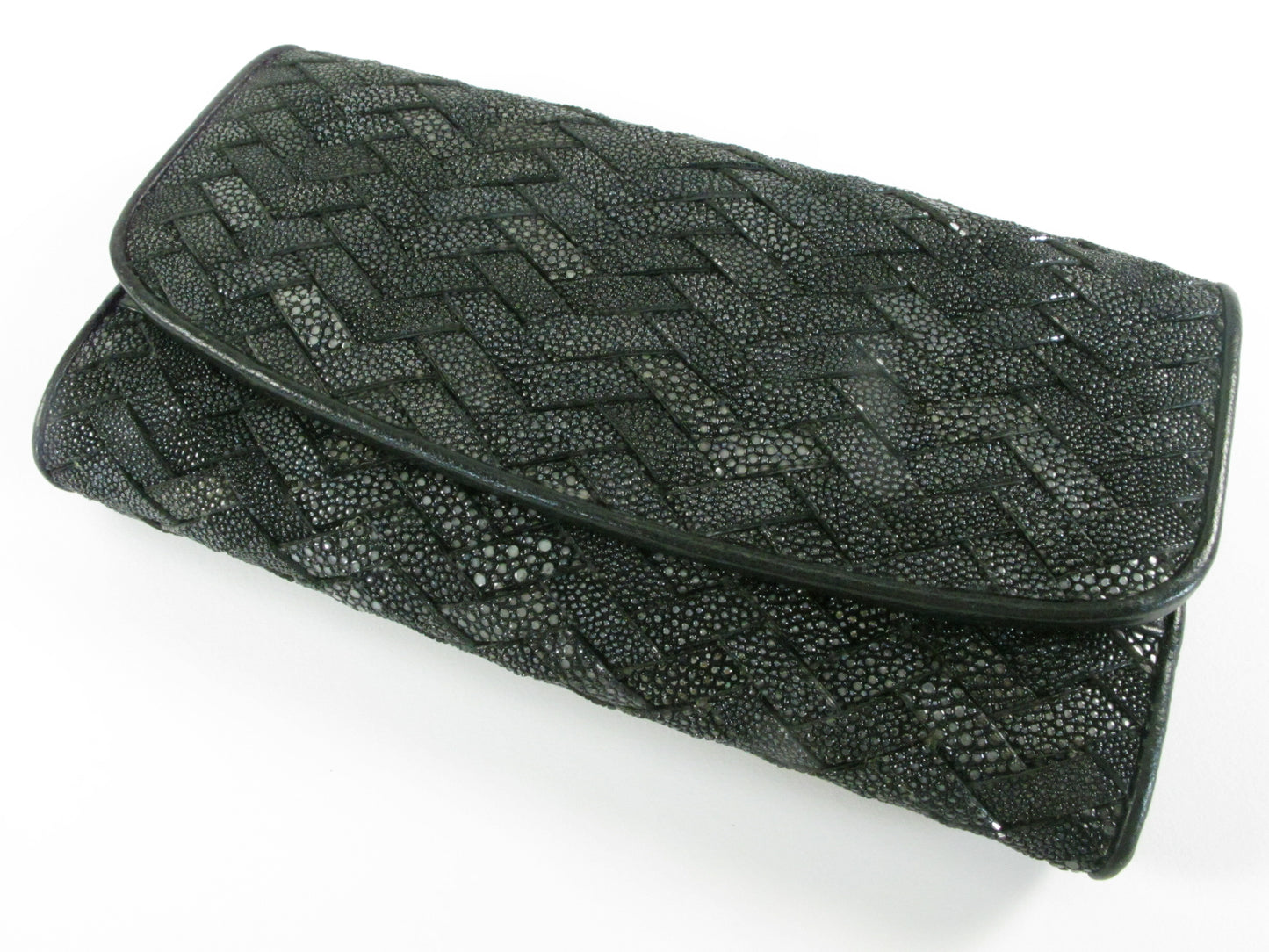 Genuine Polished Stingray Skin Leather Intrecciato Handmade Trifold Clutch Wallet Purse