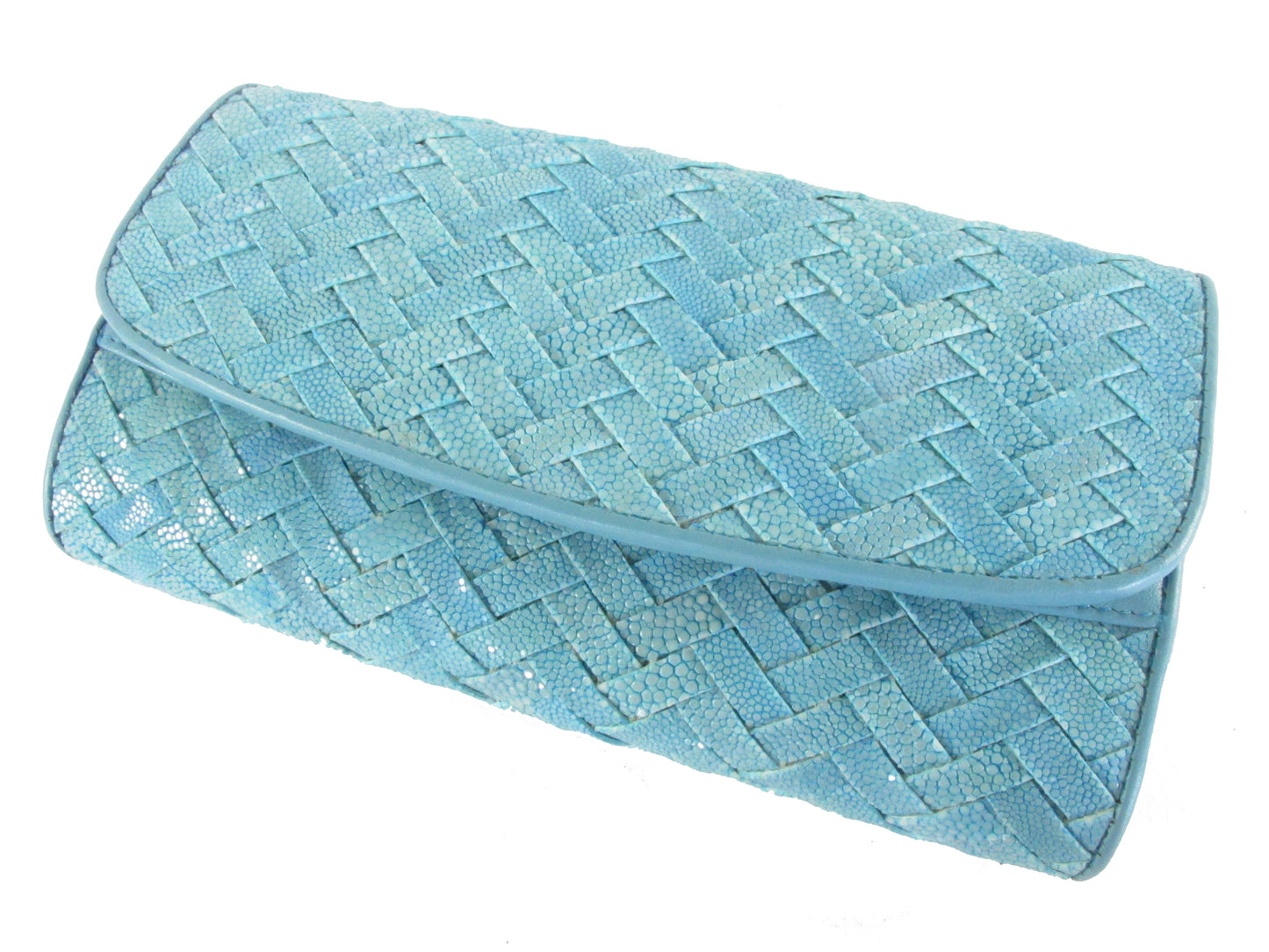 Genuine Polished Stingray Skin Leather Intrecciato Handmade Trifold Clutch Wallet Purse