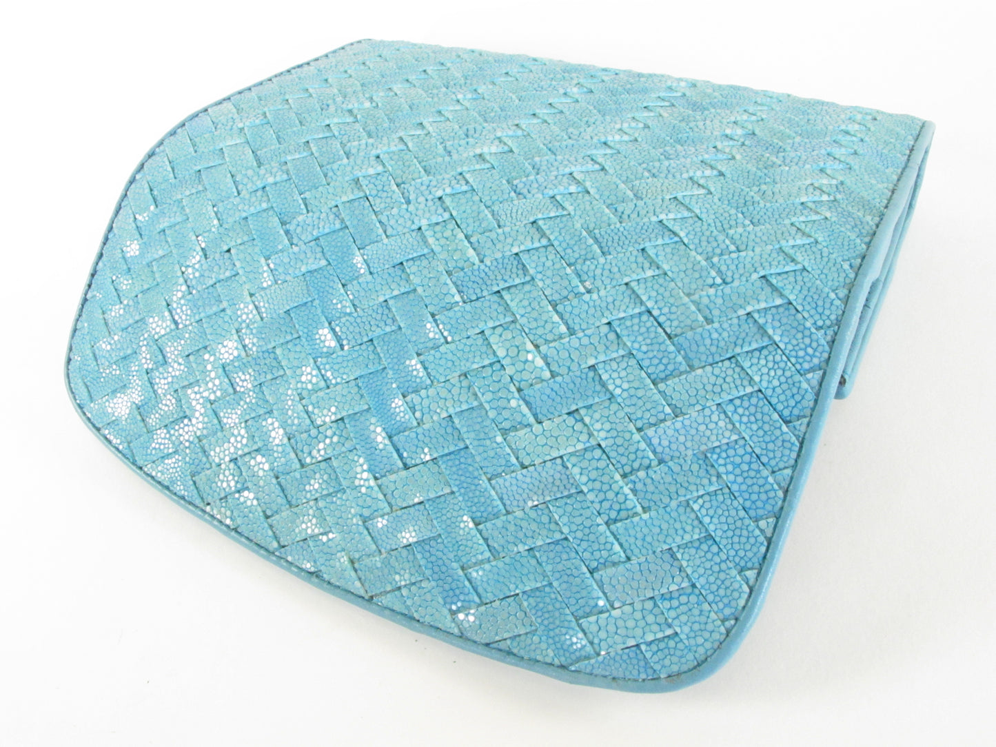 Genuine Polished Stingray Skin Leather Intrecciato Handmade Trifold Clutch Wallet Purse