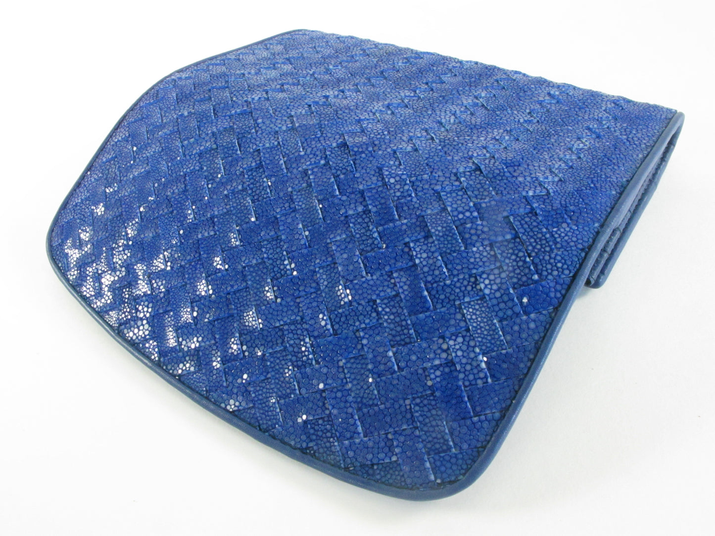 Genuine Polished Stingray Skin Leather Intrecciato Handmade Trifold Clutch Wallet Purse