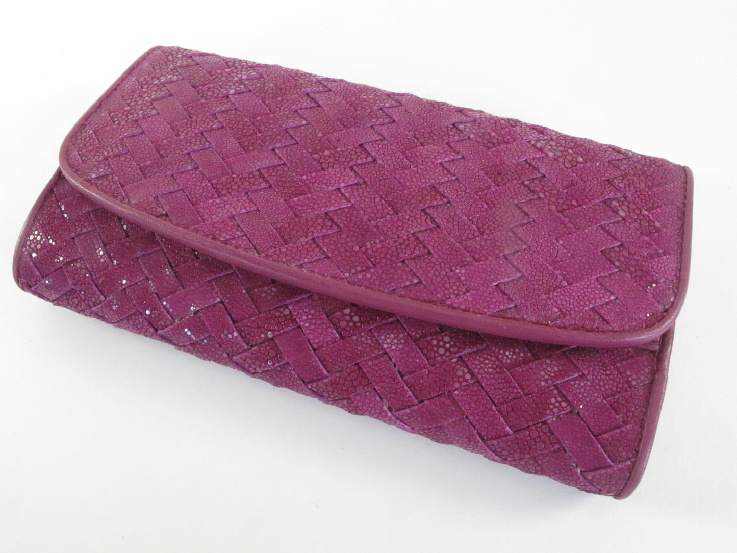 Genuine Polished Stingray Skin Leather Intrecciato Handmade Trifold Clutch Wallet Purse