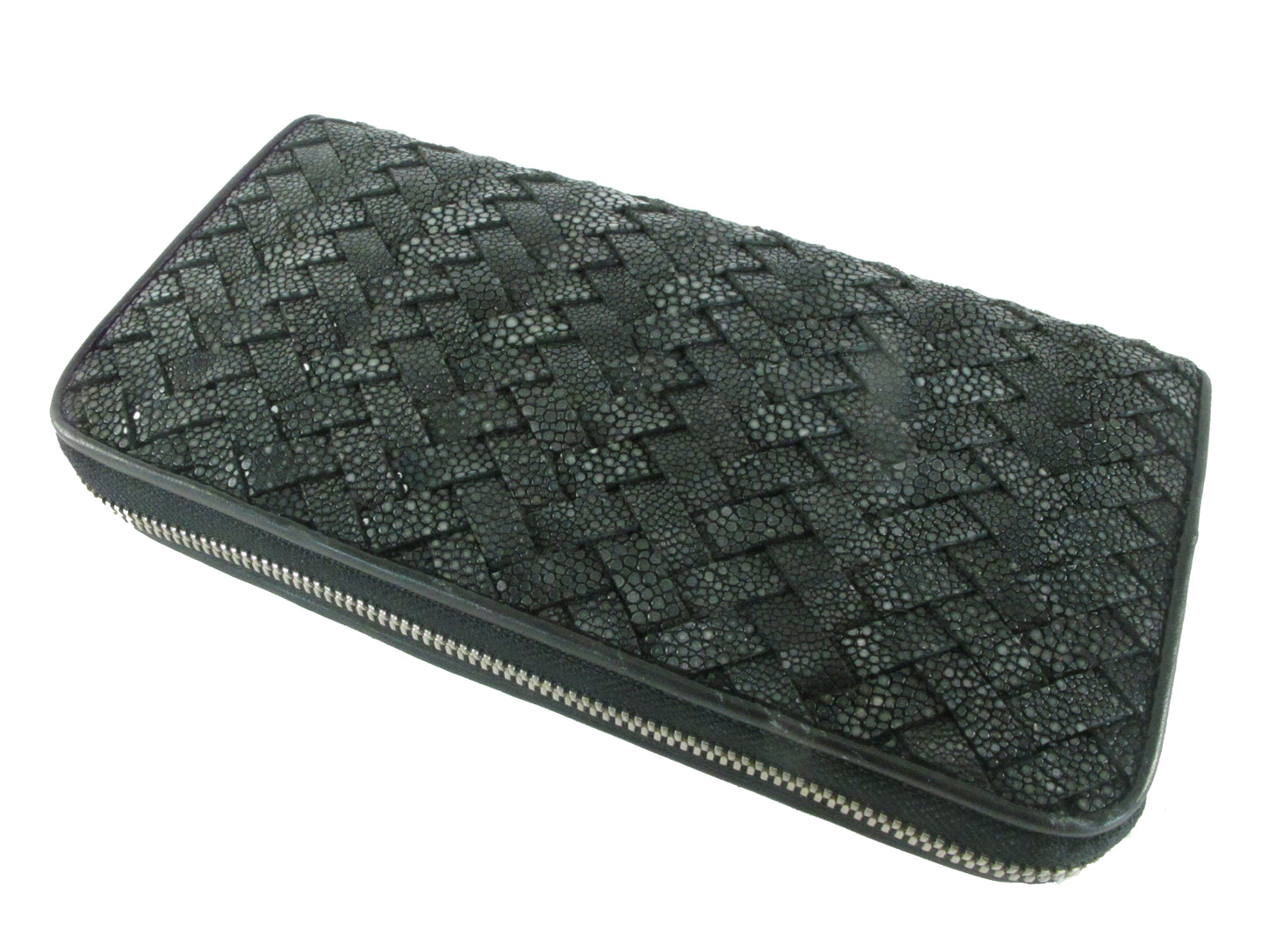 Genuine Polished Stingray Skin Leather Intrecciato Handmade Zip Around Clutch Wallet Purse