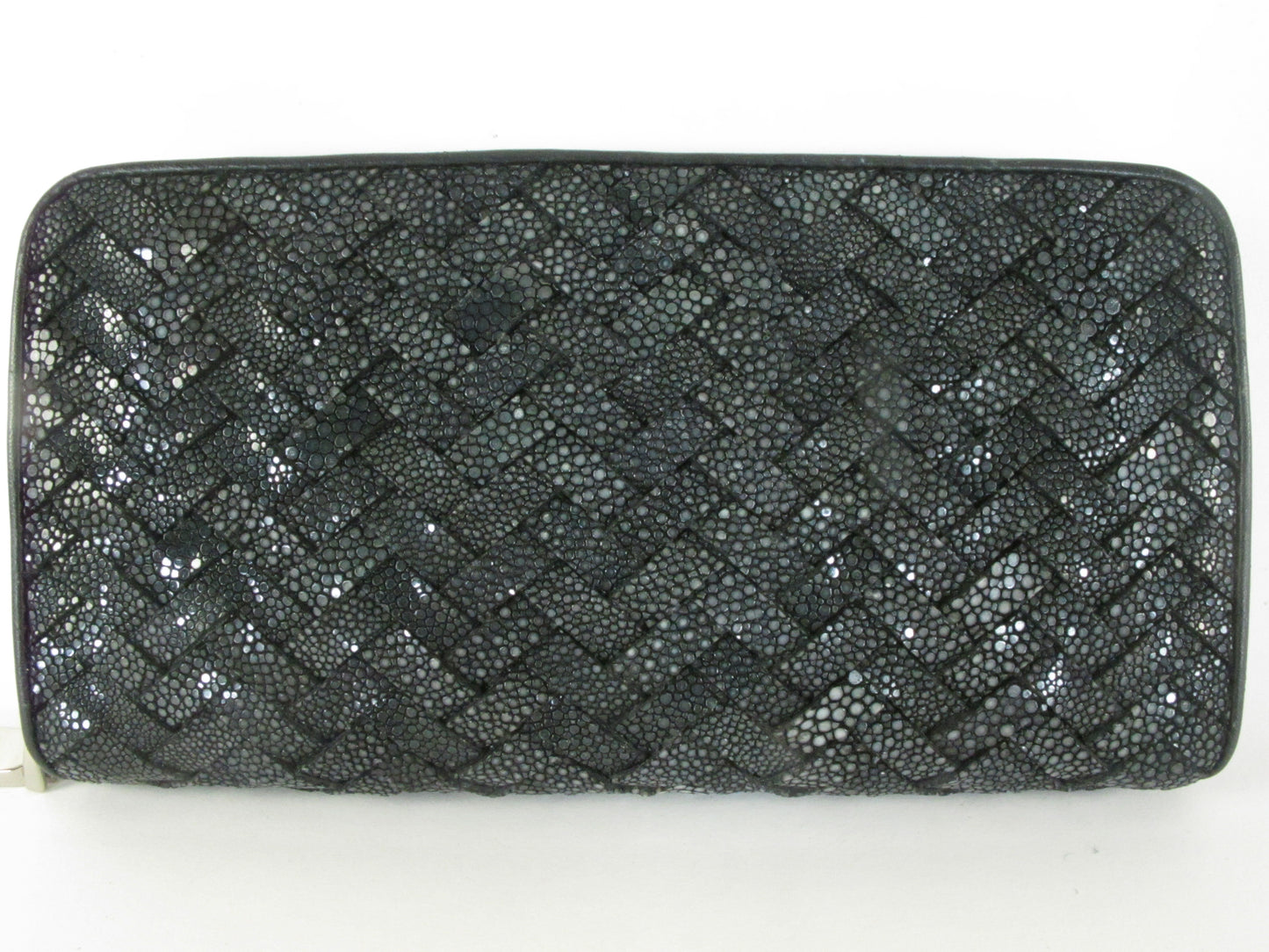 Genuine Polished Stingray Skin Leather Intrecciato Handmade Zip Around Clutch Wallet Purse