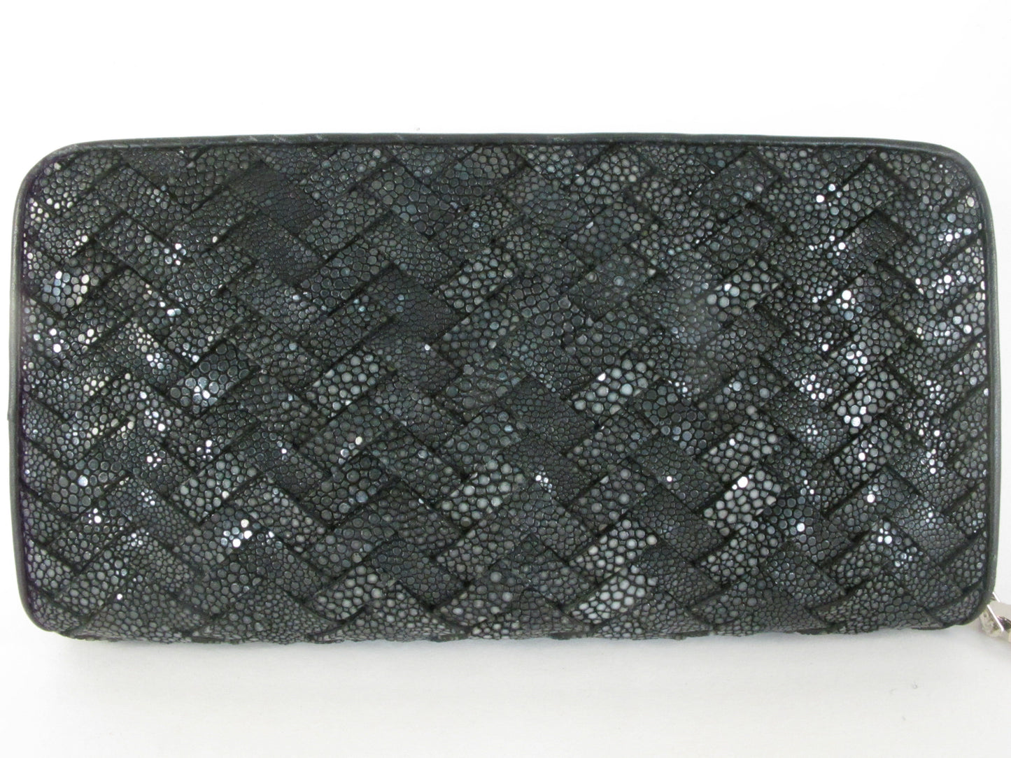 Genuine Polished Stingray Skin Leather Intrecciato Handmade Zip Around Clutch Wallet Purse