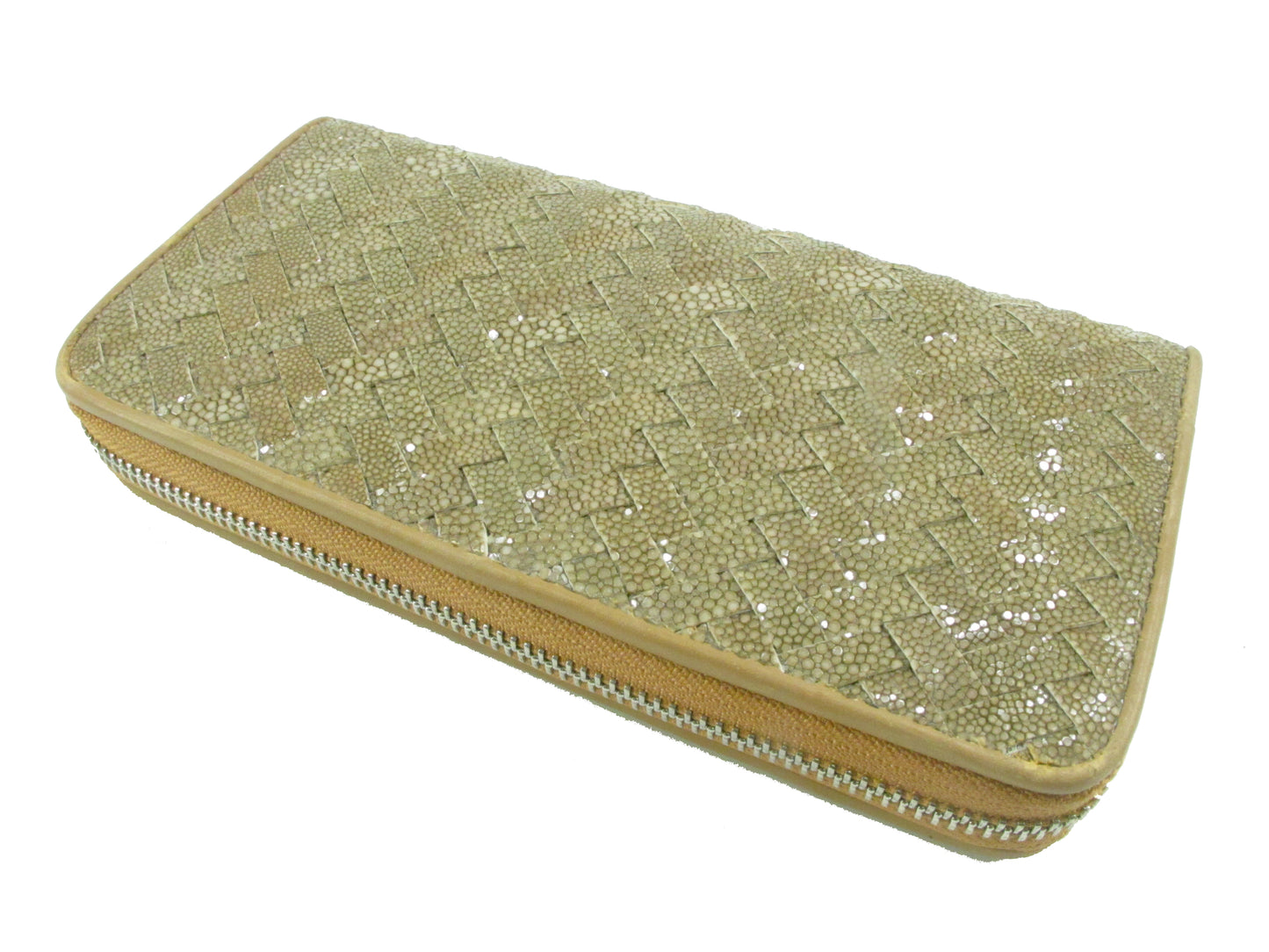 Genuine Polished Stingray Skin Leather Intrecciato Handmade Zip Around Clutch Wallet Purse