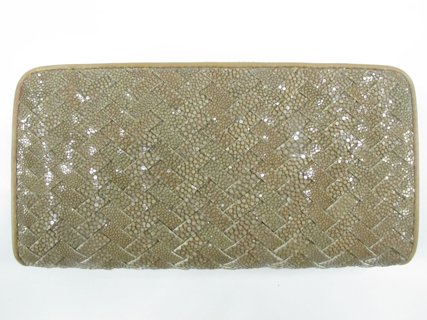 Genuine Polished Stingray Skin Leather Intrecciato Handmade Zip Around Clutch Wallet Purse