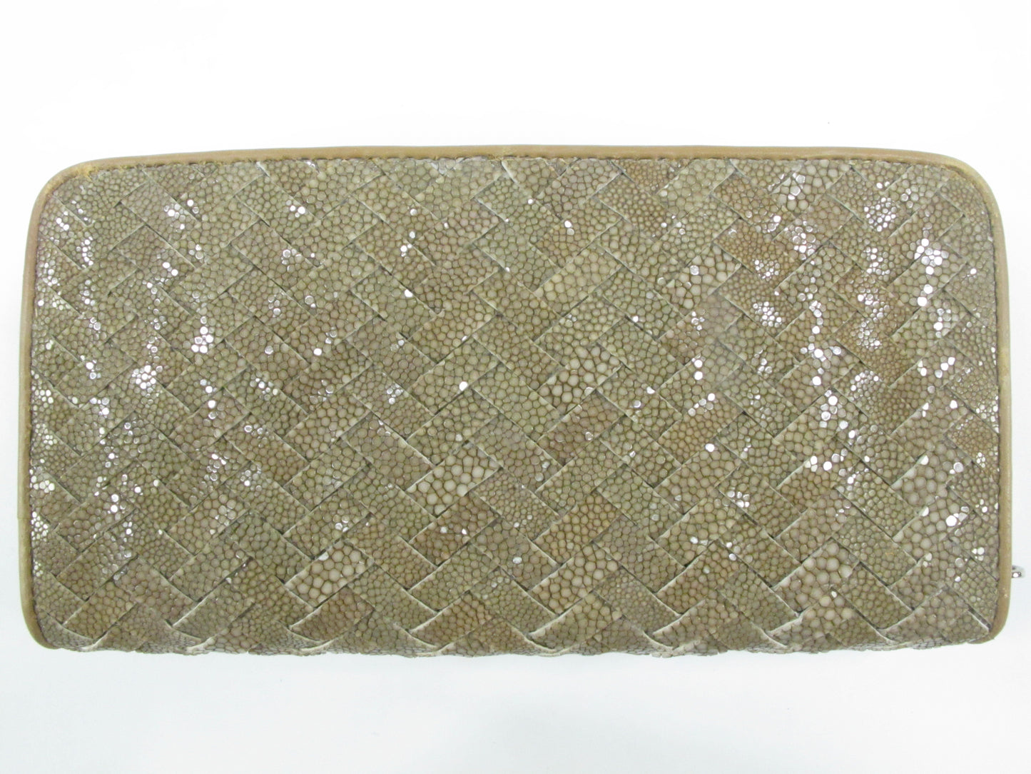 Genuine Polished Stingray Skin Leather Intrecciato Handmade Zip Around Clutch Wallet Purse