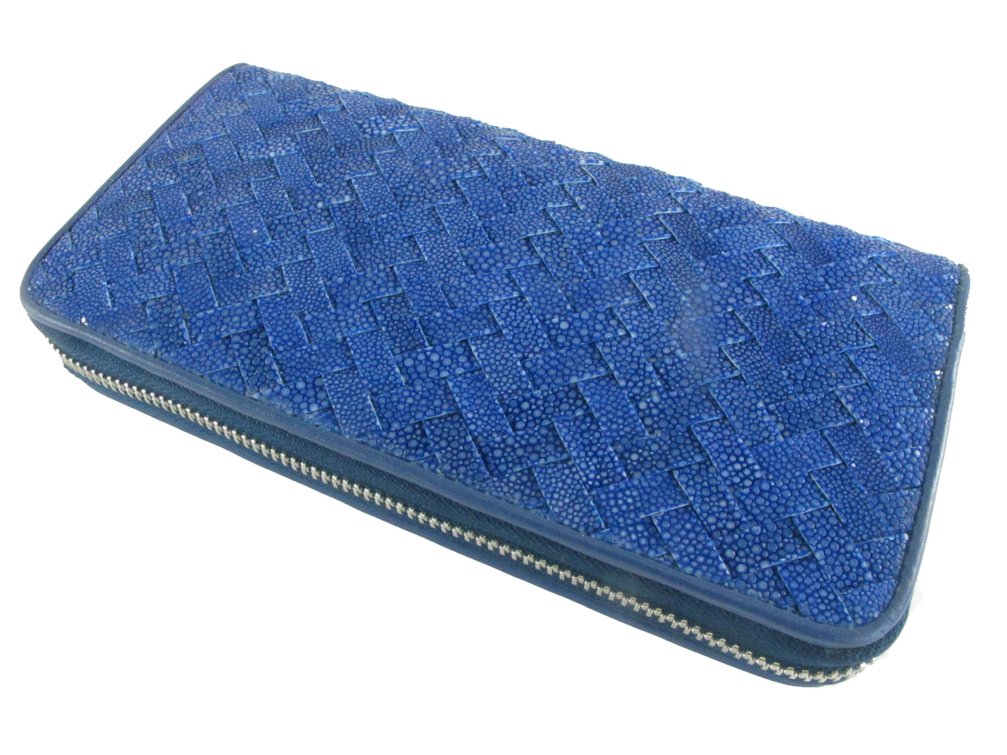 Genuine Polished Stingray Skin Leather Intrecciato Handmade Zip Around Clutch Wallet Purse