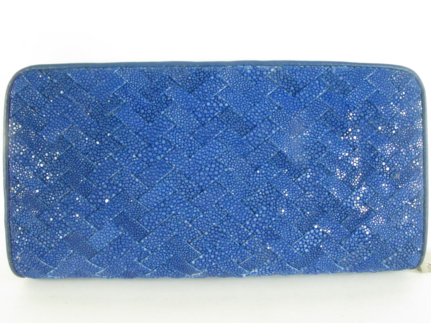 Genuine Polished Stingray Skin Leather Intrecciato Handmade Zip Around Clutch Wallet Purse