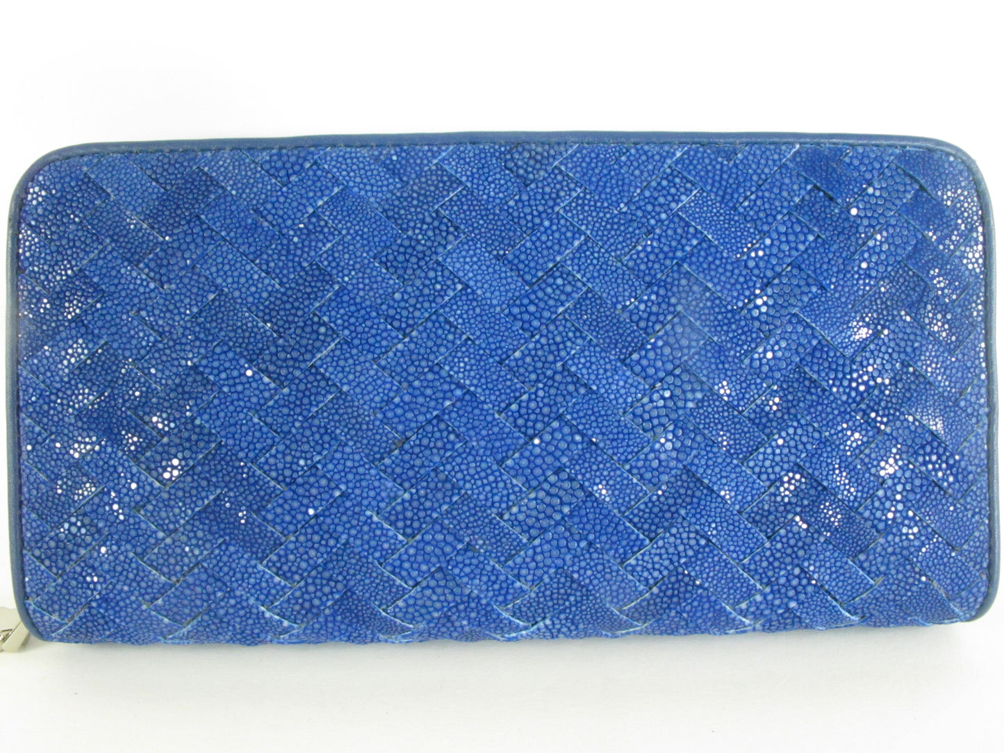 Genuine Polished Stingray Skin Leather Intrecciato Handmade Zip Around Clutch Wallet Purse