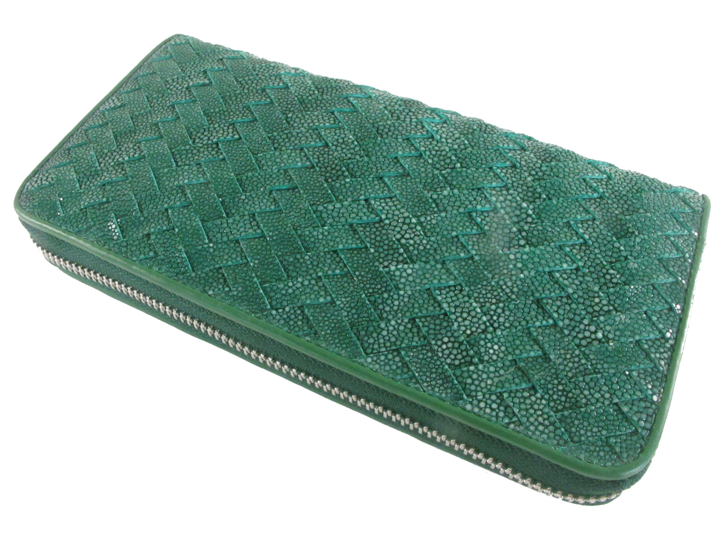 Genuine Polished Stingray Skin Leather Intrecciato Handmade Zip Around Clutch Wallet Purse