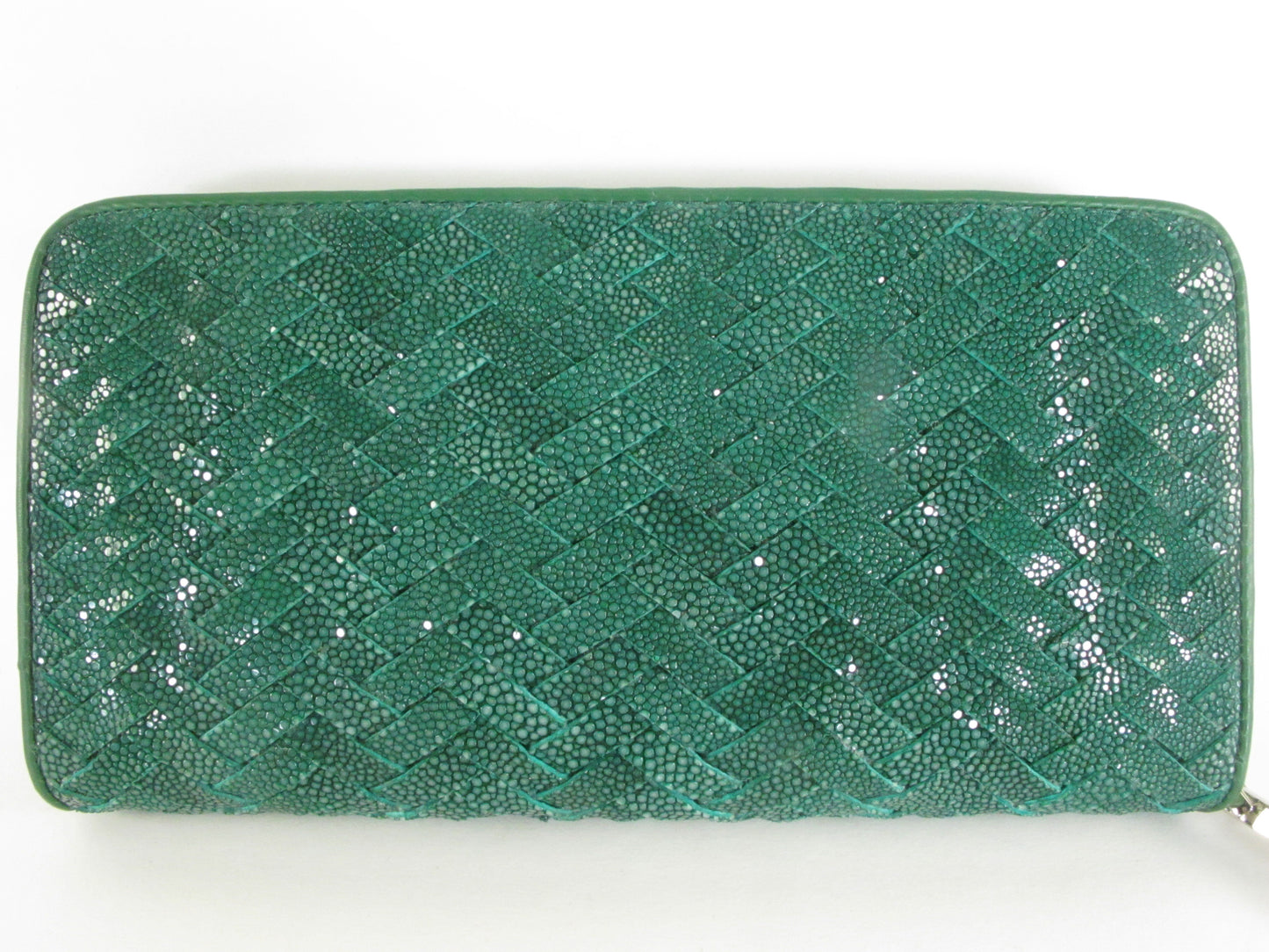 Genuine Polished Stingray Skin Leather Intrecciato Handmade Zip Around Clutch Wallet Purse