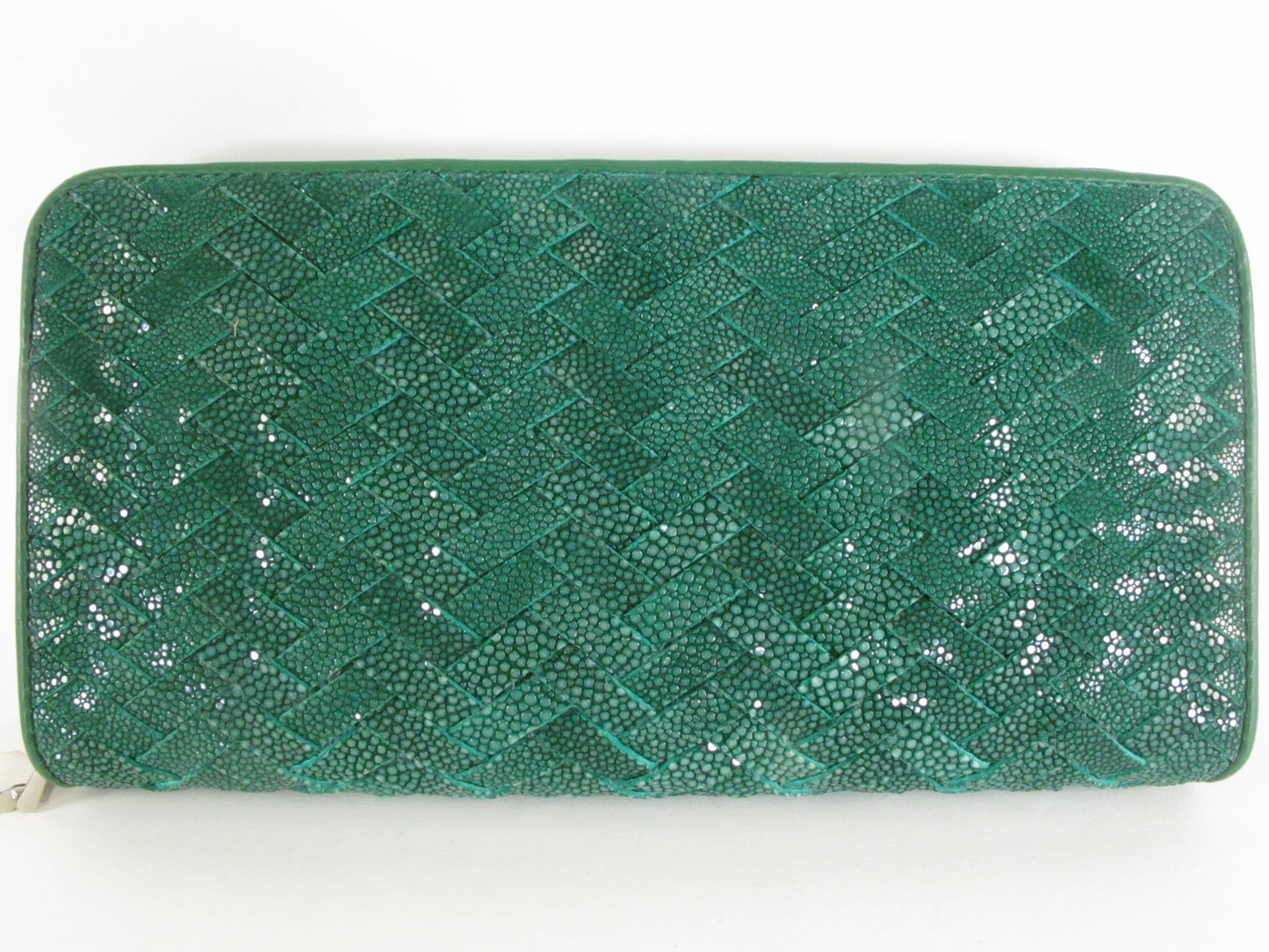 Genuine Polished Stingray Skin Leather Intrecciato Handmade Zip Around Clutch Wallet Purse