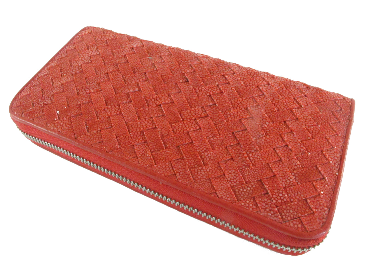 Genuine Polished Stingray Skin Leather Intrecciato Handmade Zip Around Clutch Wallet Purse