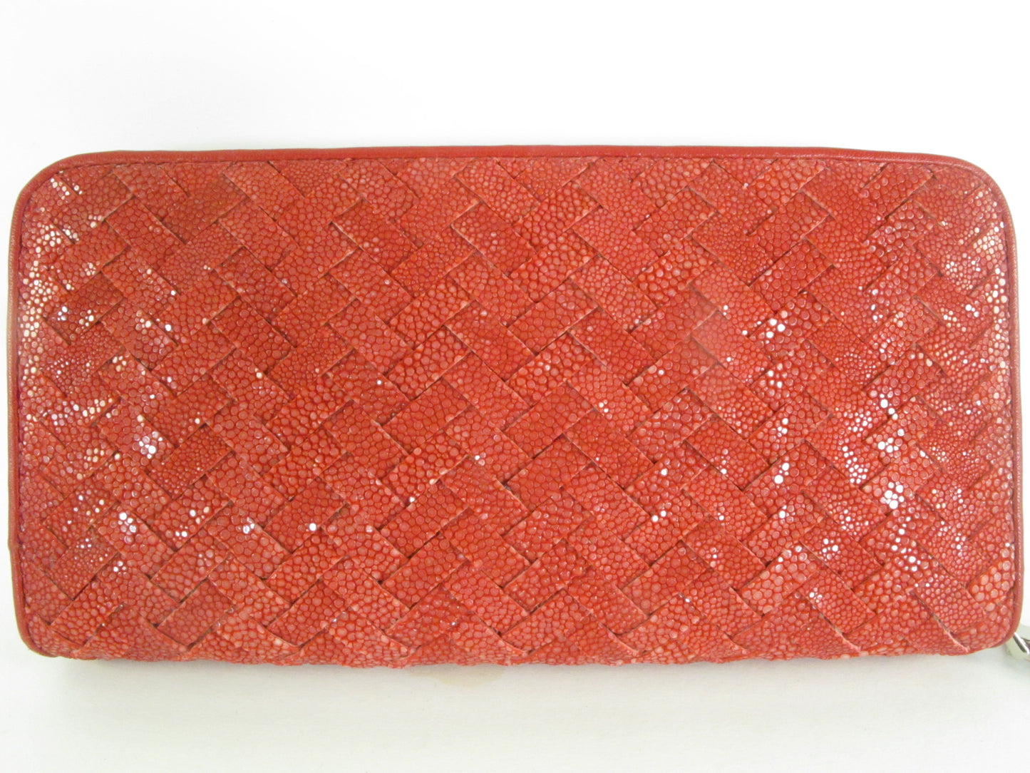 Genuine Polished Stingray Skin Leather Intrecciato Handmade Zip Around Clutch Wallet Purse