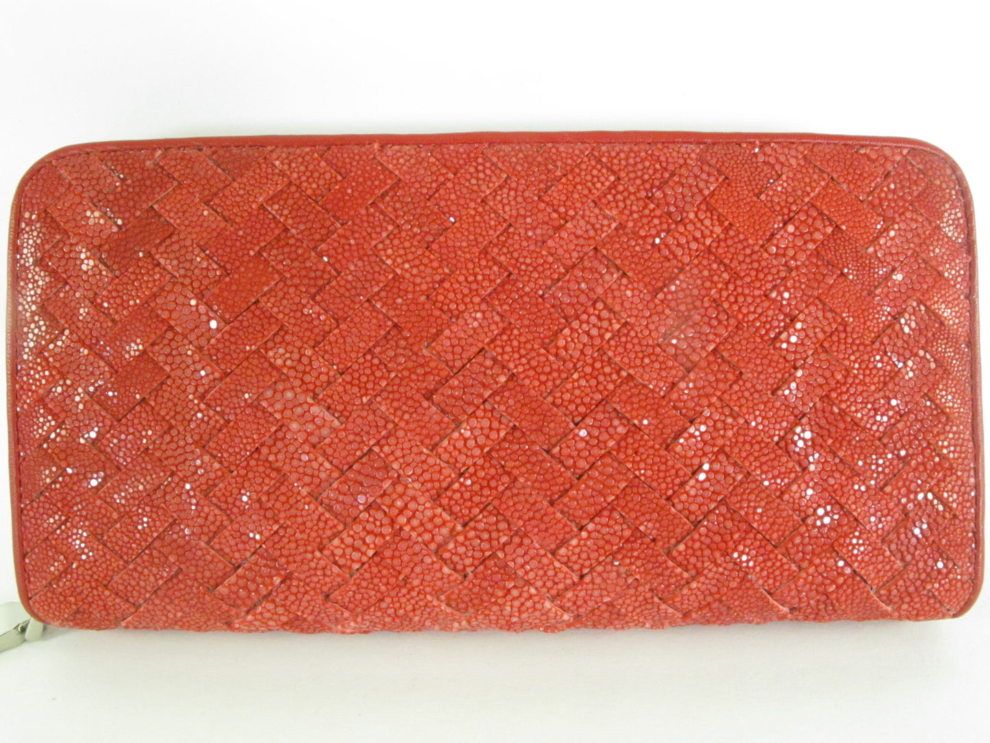 Genuine Polished Stingray Skin Leather Intrecciato Handmade Zip Around Clutch Wallet Purse