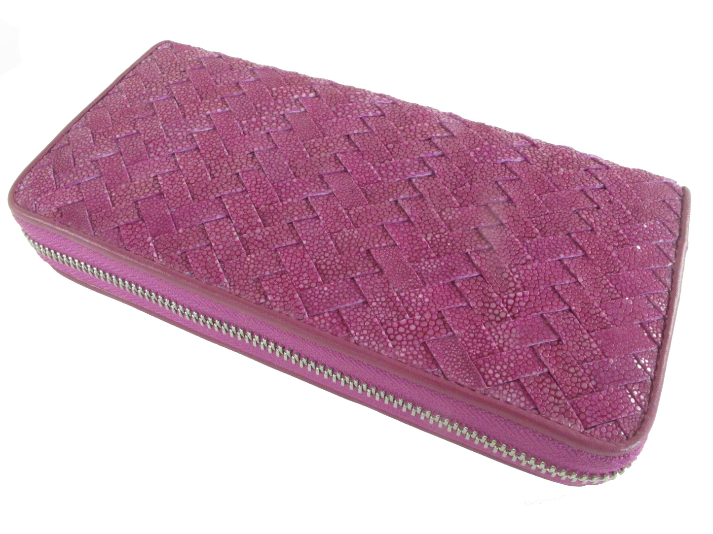 Genuine Polished Stingray Skin Leather Intrecciato Handmade Zip Around Clutch Wallet Purse