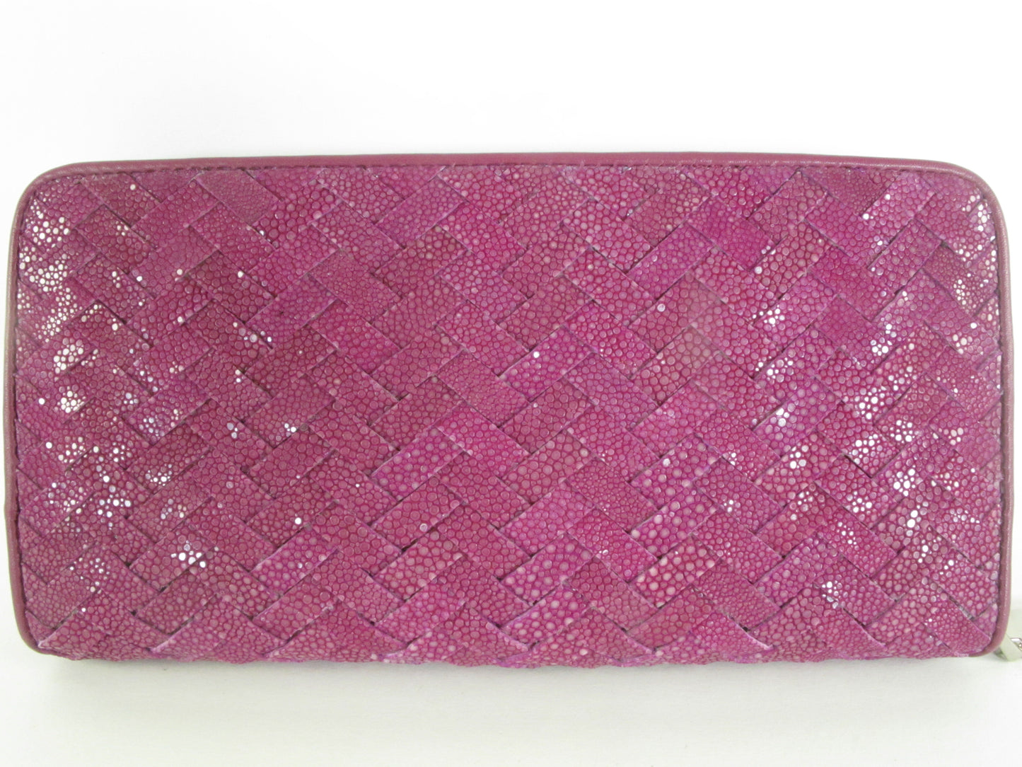 Genuine Polished Stingray Skin Leather Intrecciato Handmade Zip Around Clutch Wallet Purse