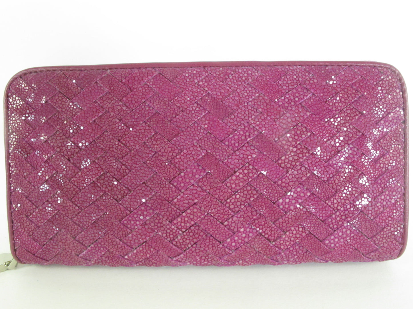 Genuine Polished Stingray Skin Leather Intrecciato Handmade Zip Around Clutch Wallet Purse