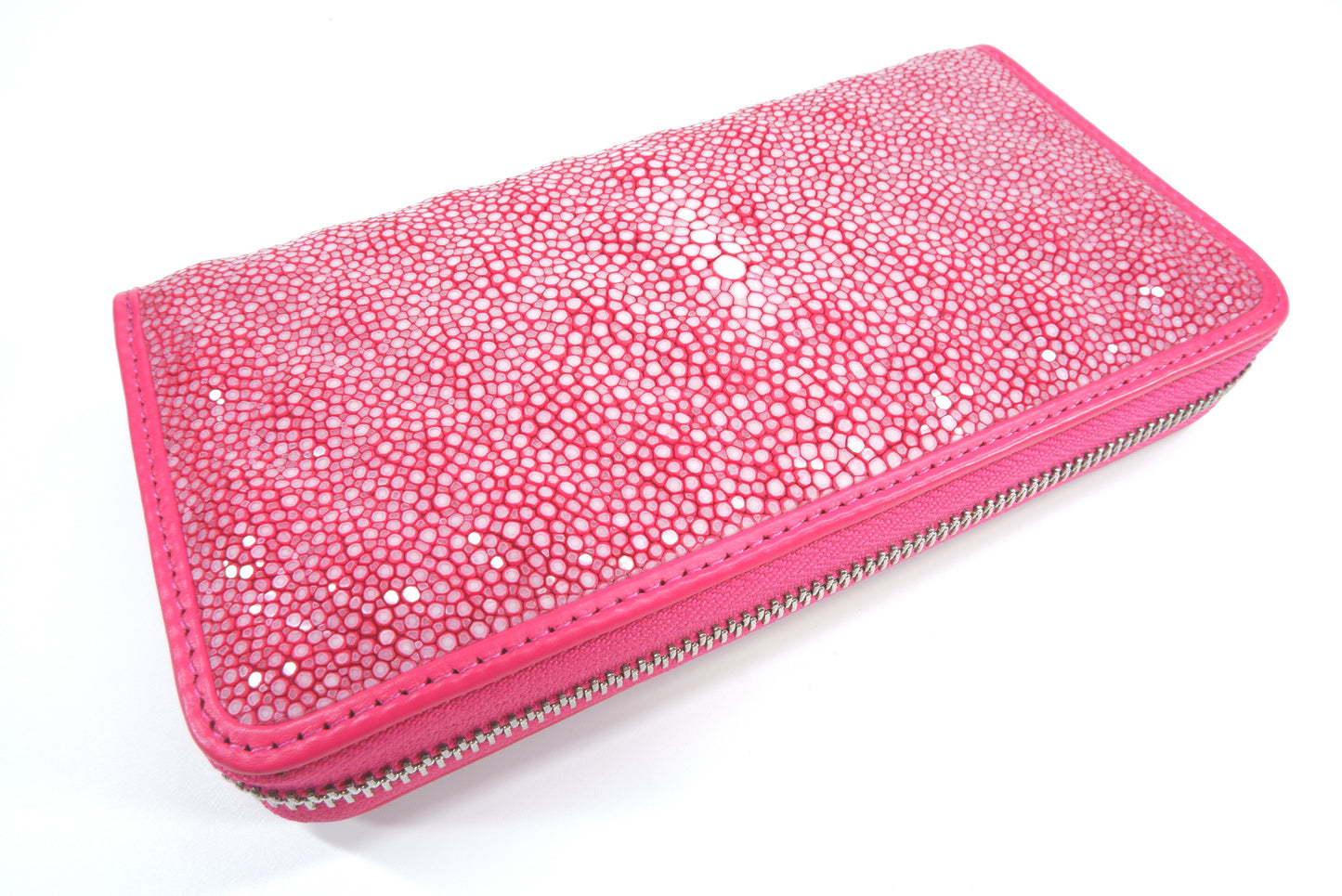 Genuine Polished Stingray Skin Leather Embossed Zip Around Clutch Wallet Purse