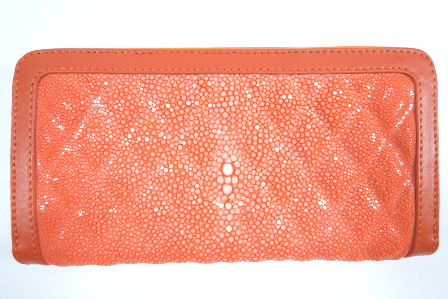 Genuine Polished Stingray Skin Leather Embossed Zip Around Clutch Wallet Purse