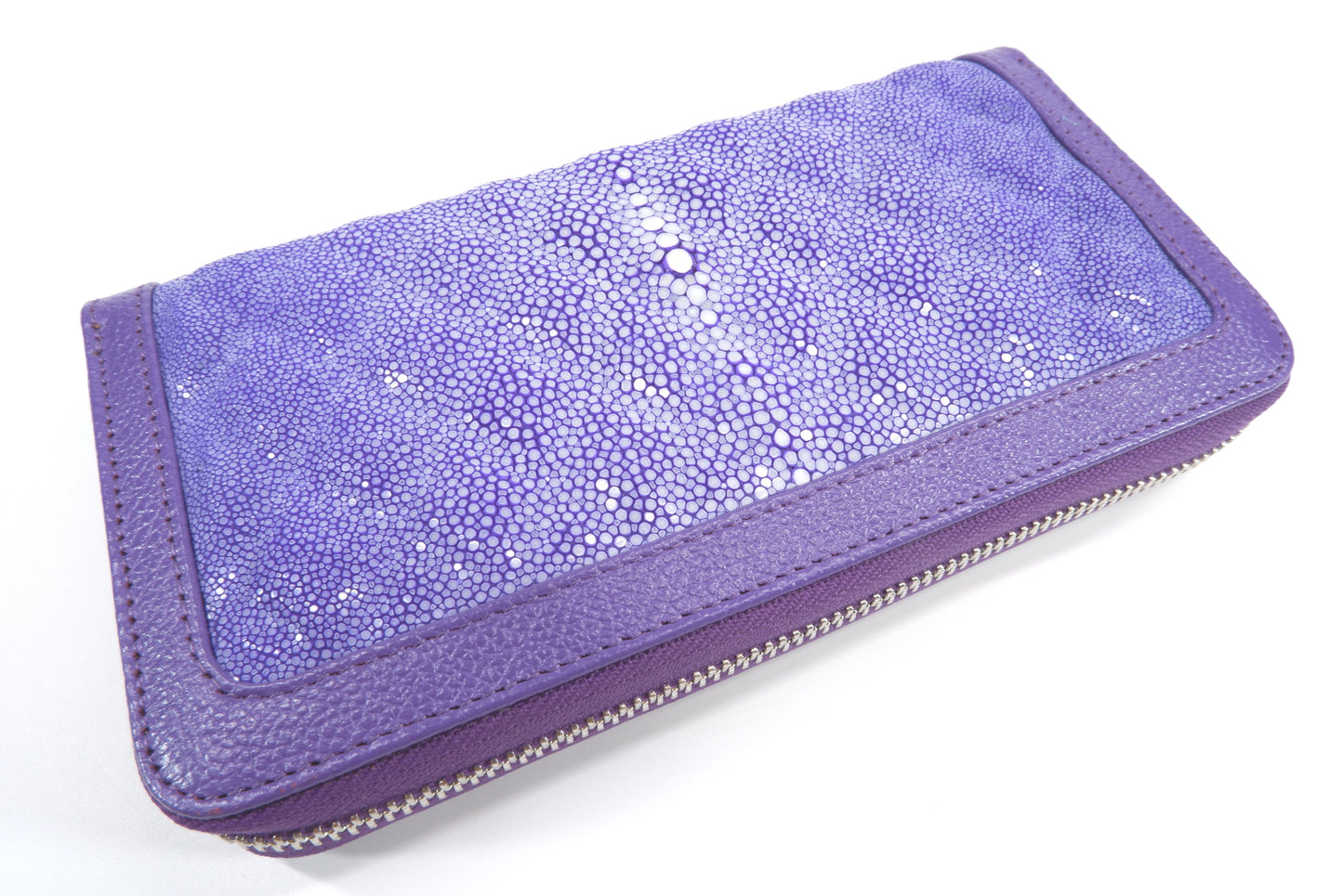 Genuine Polished Stingray Skin Leather Embossed Zip Around Clutch Wallet Purse