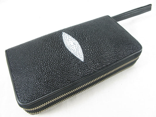 Genuine Stingray Skin Leather Double Zip Around Wristlet Clutch Wallet Purse