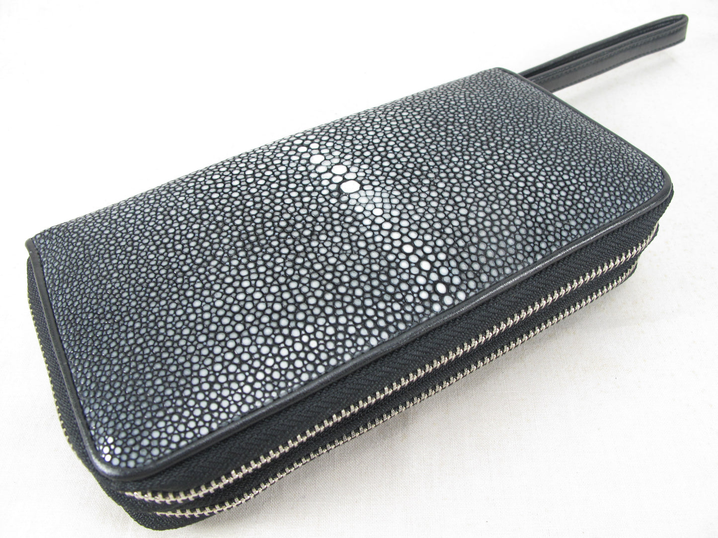 Genuine Polished Stingray Skin Leather Double Zip Around Wristlet Clutch Wallet Purse