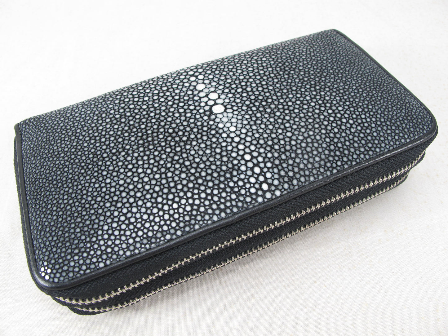 Genuine Polished Stingray Skin Leather Double Zip Around Wristlet Clutch Wallet Purse