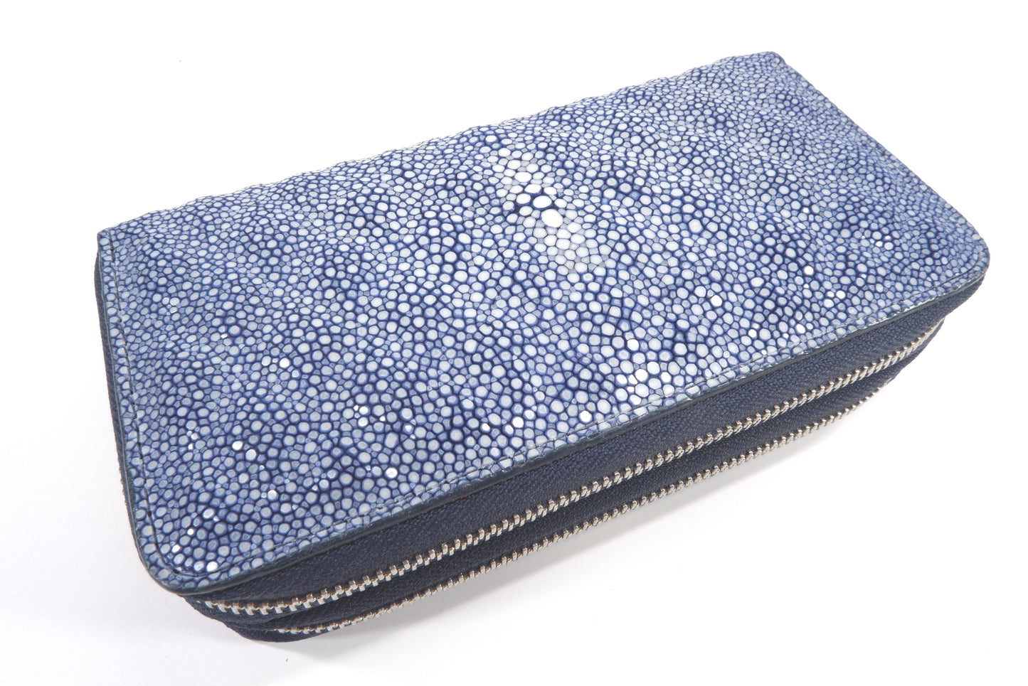 Genuine Polished Stingray Skin Leather Embossed Double Zip Around Clutch Wallet Purse