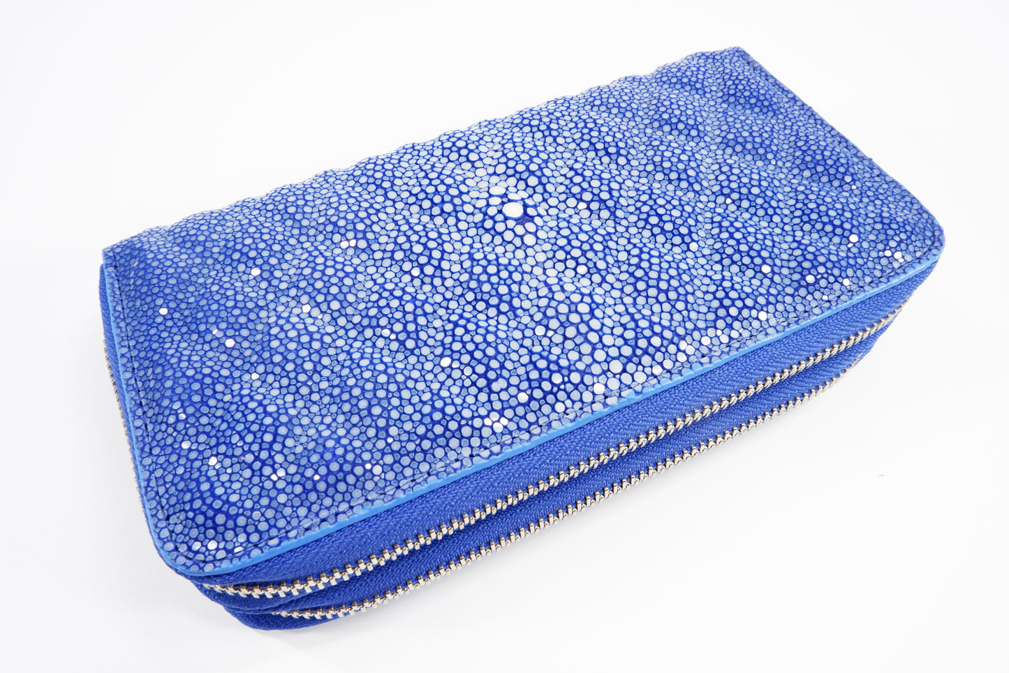 Genuine Polished Stingray Skin Leather Embossed Double Zip Around Clutch Wallet Purse